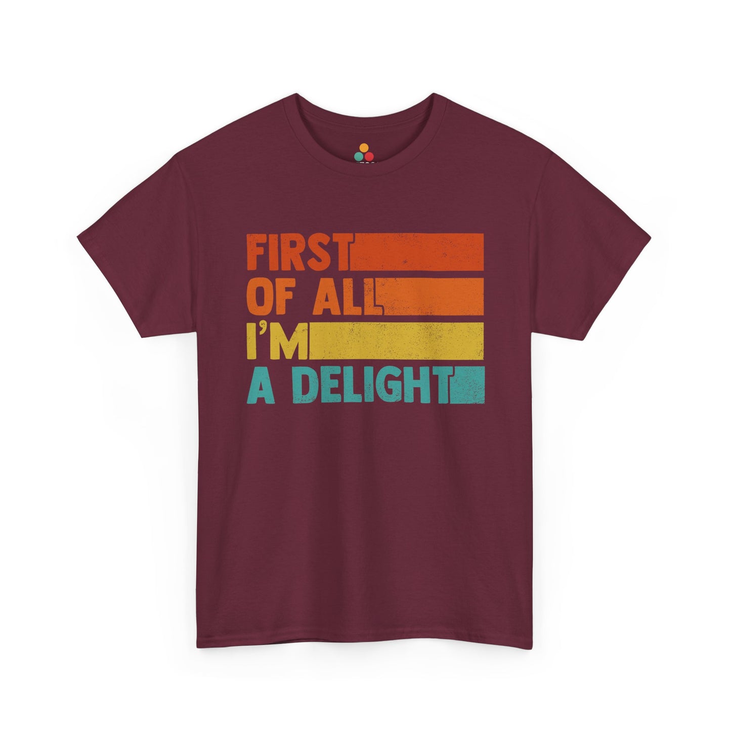“Maroon retro ‘First Of All I’m A Delight’ shirt with distressed rainbow bars, flat front.”

