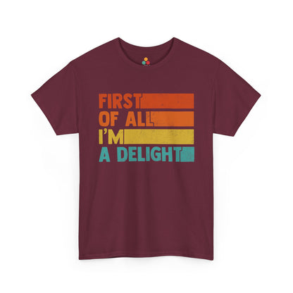 “Maroon retro ‘First Of All I’m A Delight’ shirt with distressed rainbow bars, flat front.”

