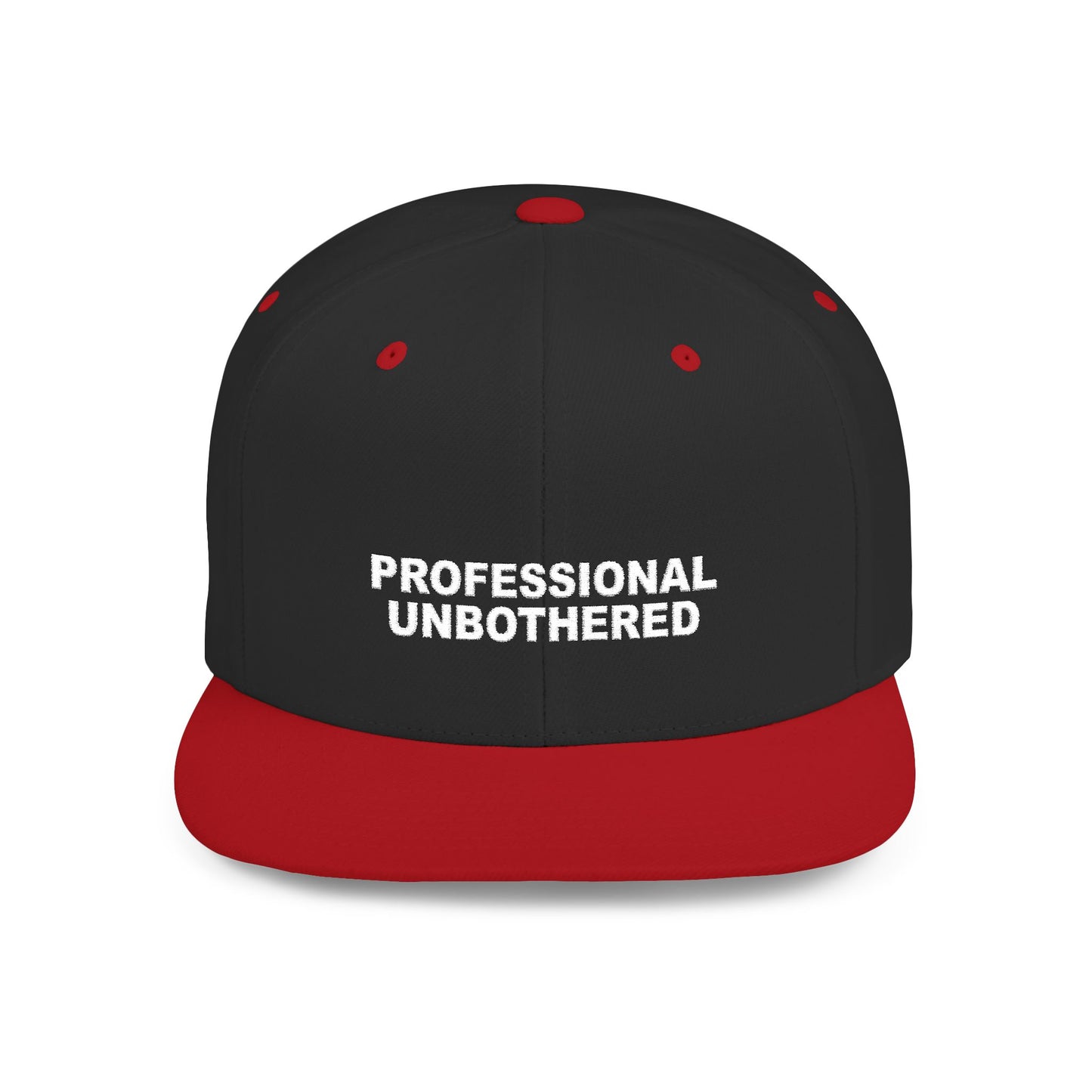 Black and red cap with 'PROFESSIONAL UNBOtherED' text on a white background