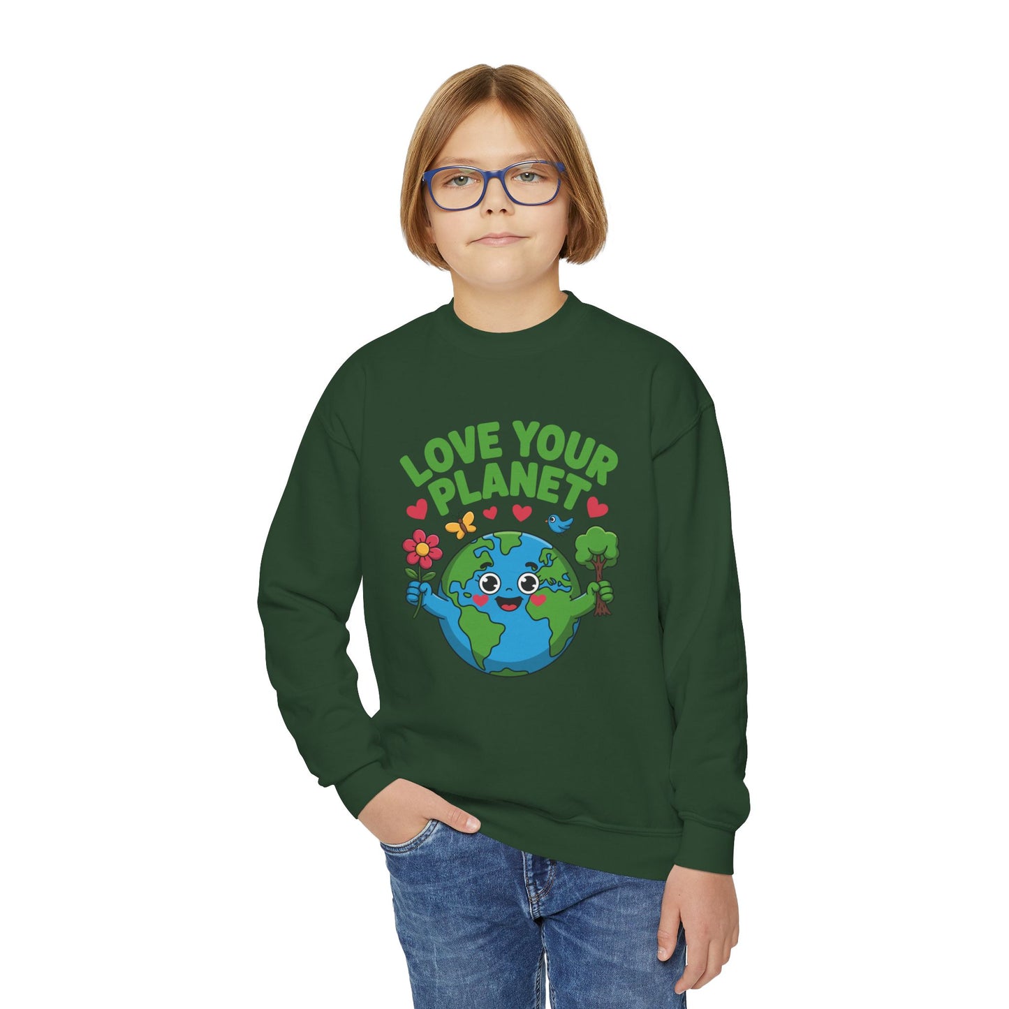 Love Your Planet Youth Sweatshirt — Cute Earth Day Eco-Friendly Kids Crewneck TEEZOCA
