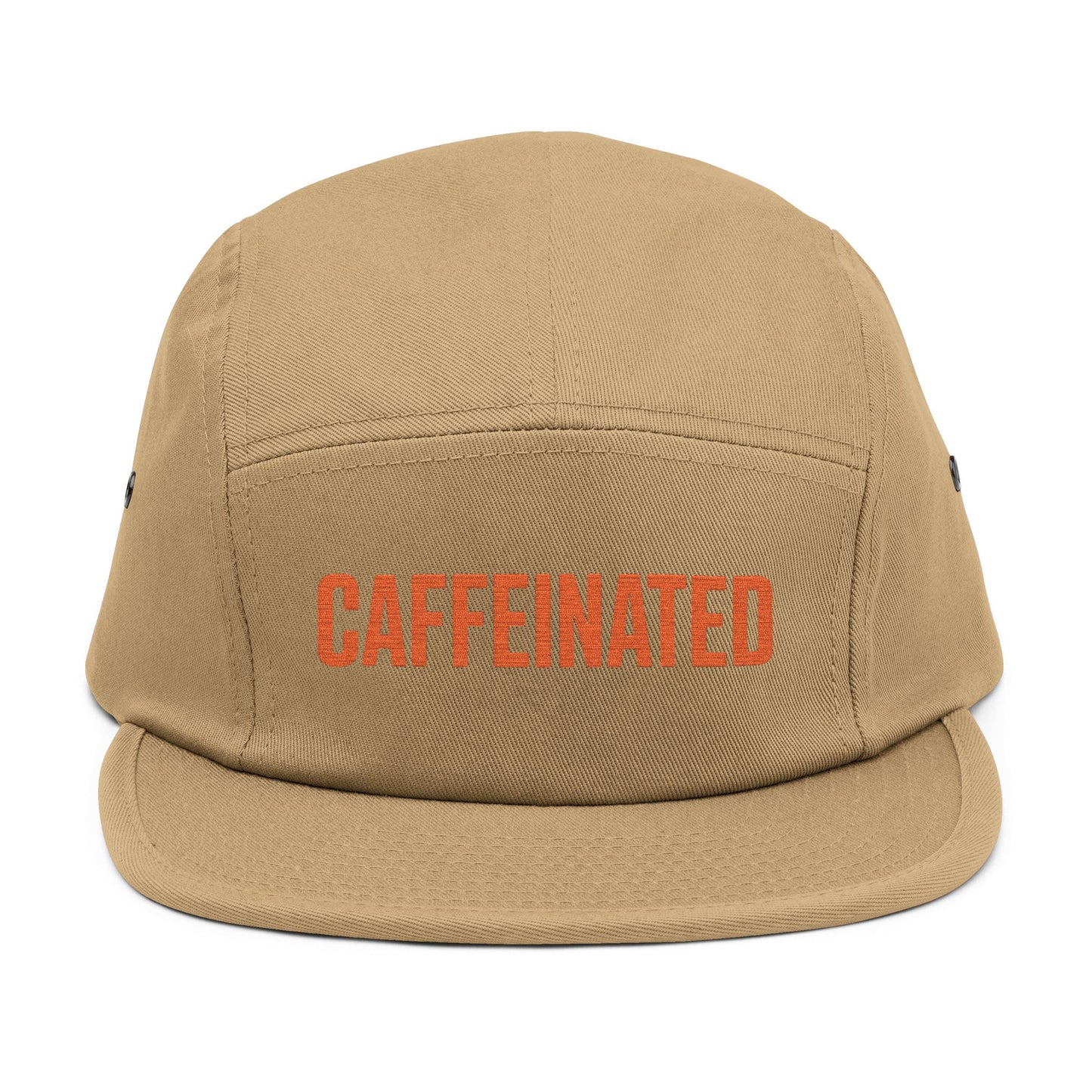 Beige cap with 'CAFFEINATED' text in red on a white background. Caffeinated bold typography graphic design in orange. TEEZOCA