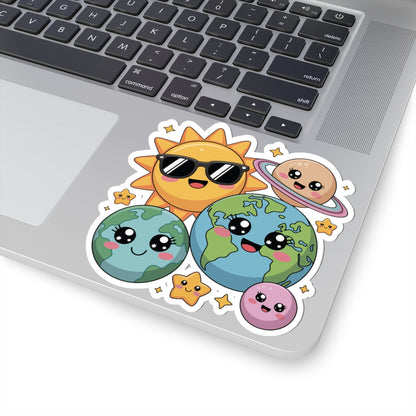 Laptop with stickers of a sun, Earth, and other planets on the keyboard. TEEZOCA