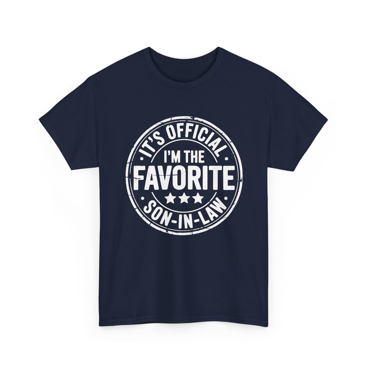 TEEZOCA navy “It’s Official I’m The Favorite Son‑in‑Law” family humor t‑shirt displayed flat.