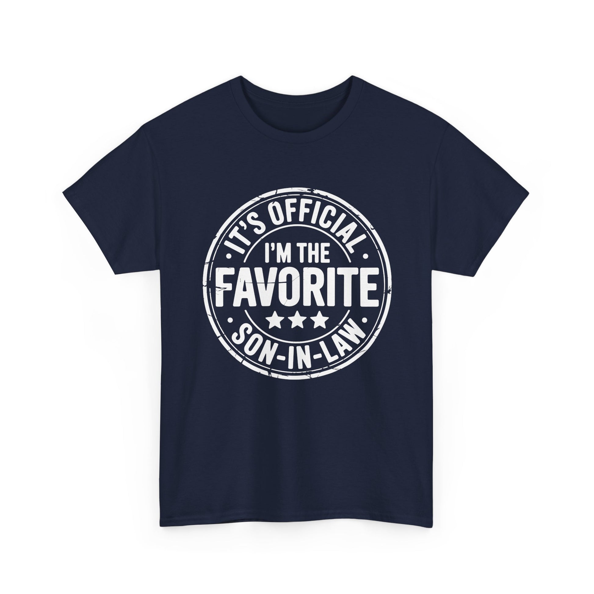 TEEZOCA navy “It’s Official I’m The Favorite Son‑in‑Law” family humor t‑shirt displayed flat.