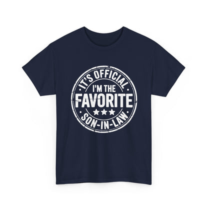 TEEZOCA navy “It’s Official I’m The Favorite Son‑in‑Law” family humor t‑shirt displayed flat.