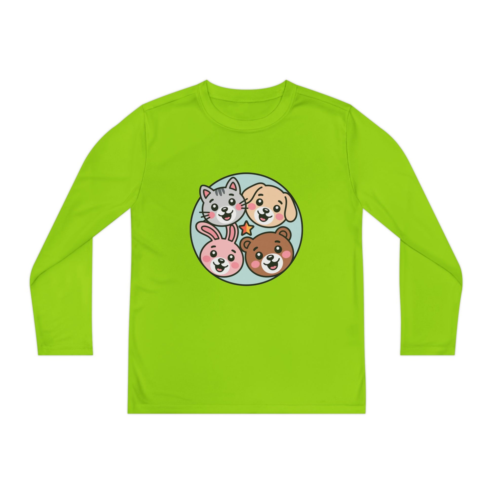 Kids Long Sleeve Tee — Cute Animal Friends Circle (Dog, Cat, Bunny, Bear) TEEZOCA