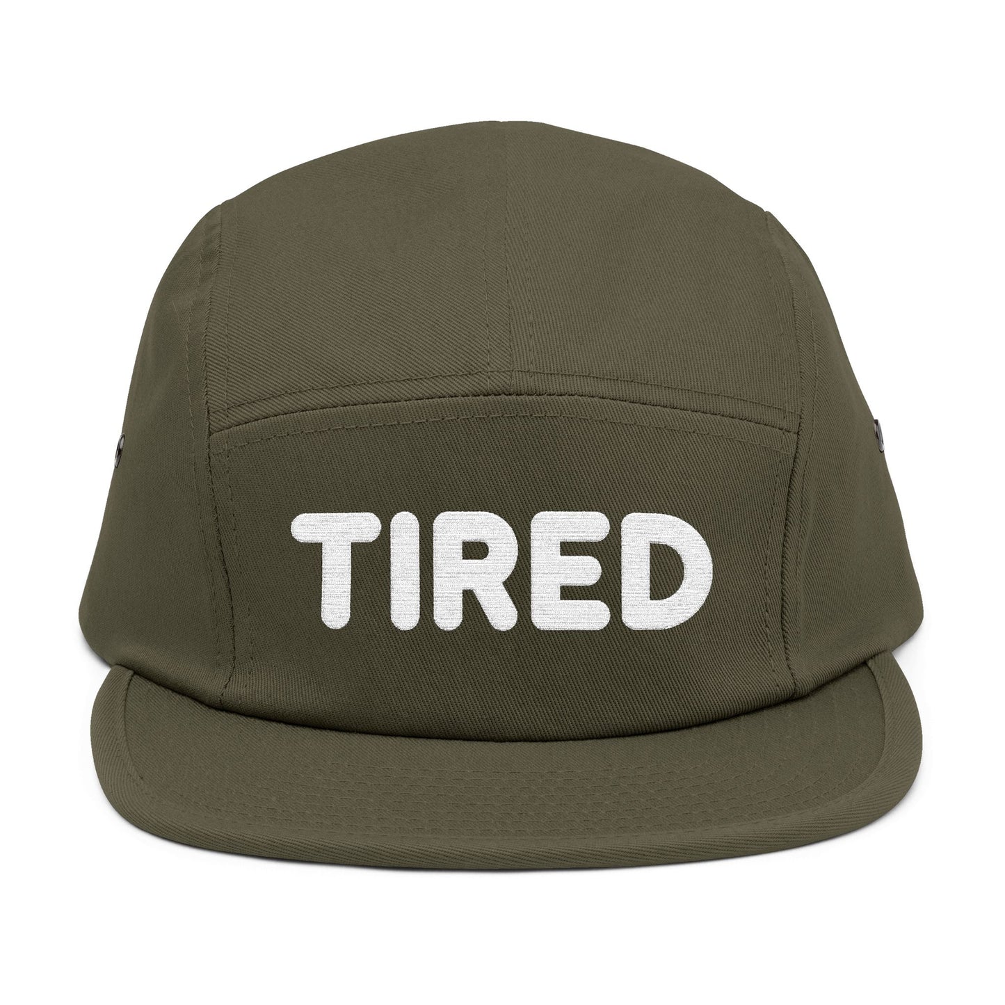 Green cap with 'TIRED' text on a white background. TIRED minimalist text embroidered on 5-panel cap by TEEZOCA