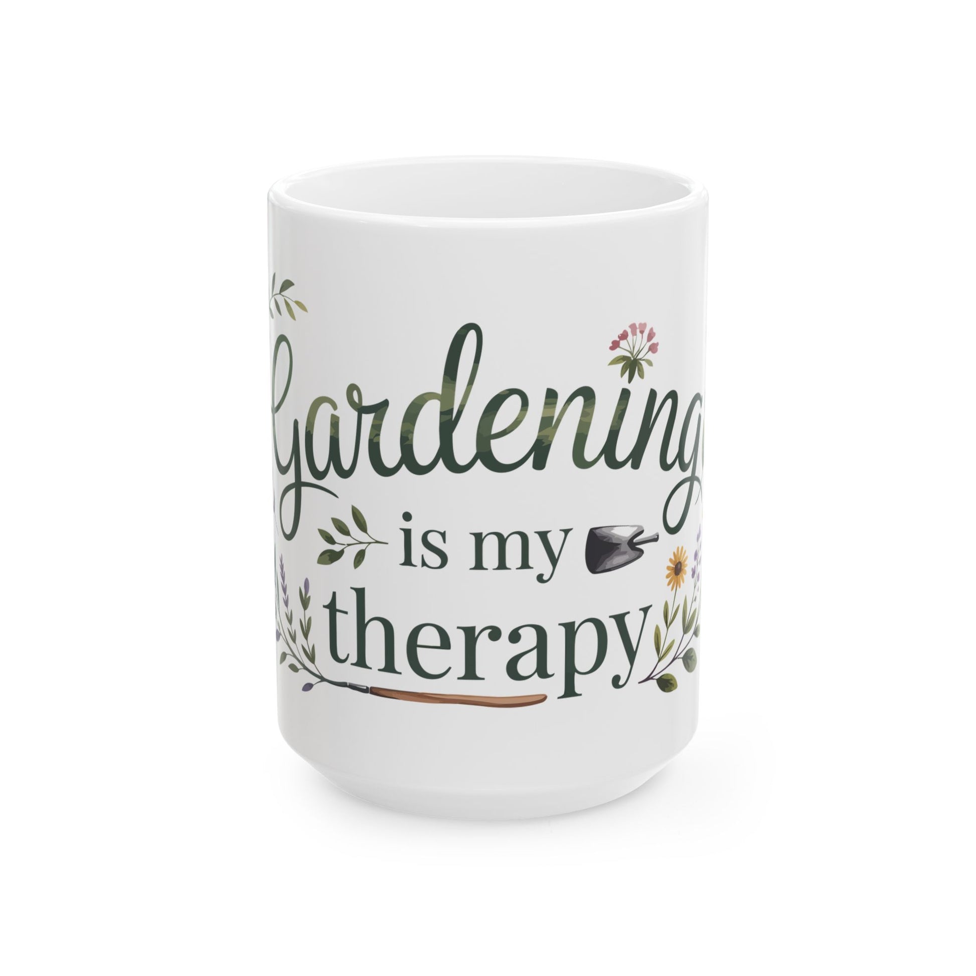 TEEZOCA garden lover mug showing Gardening Is My Therapy script and botanical elements