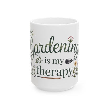 TEEZOCA garden lover mug showing Gardening Is My Therapy script and botanical elements