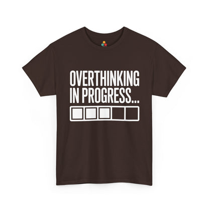 Brown t-shirt with 'Overthinking in Progress...' text on a white background | TEEZOCA