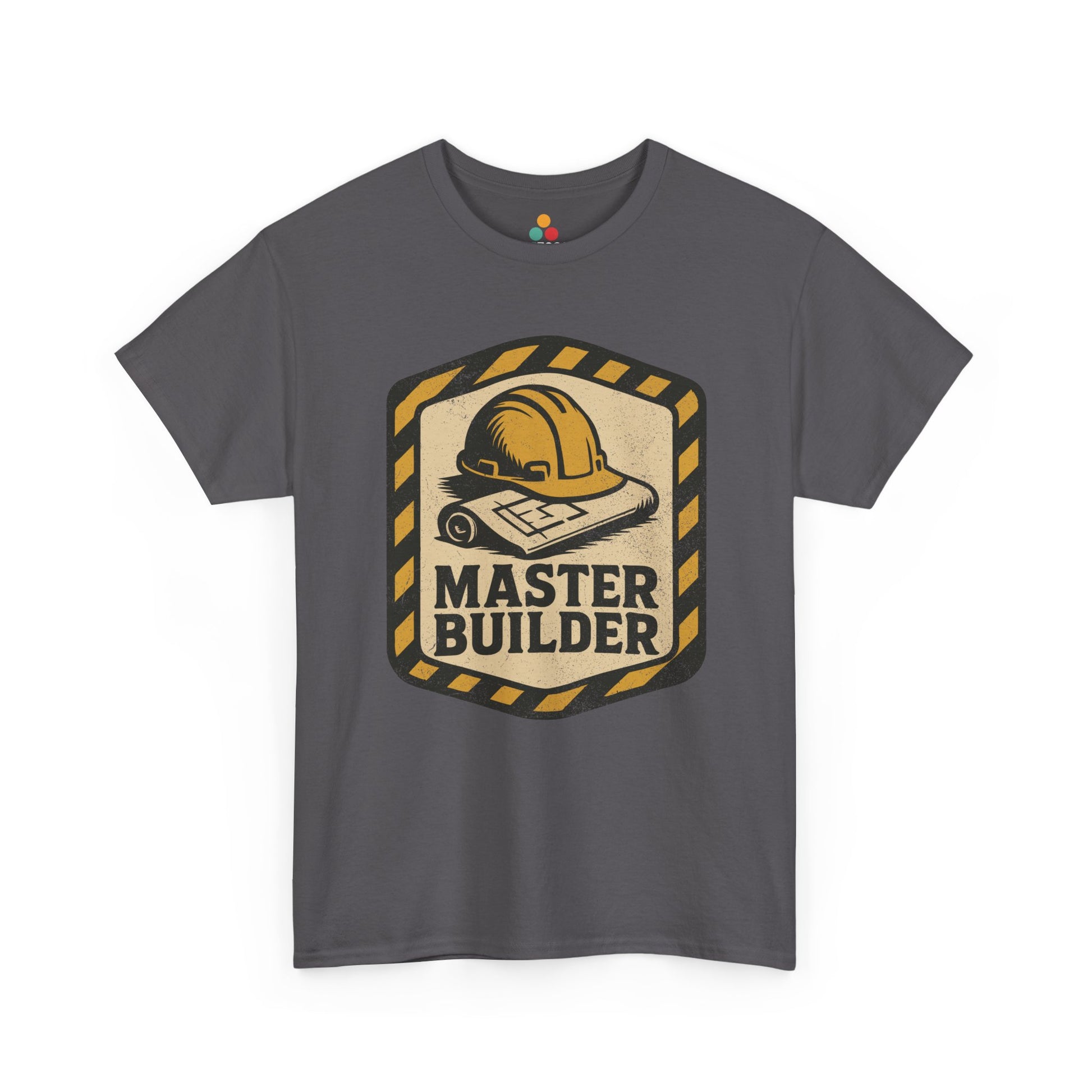 “ heather gray ‘Master Builder’ t‑shirts featuring hard hat and blueprint design, flat view.”

