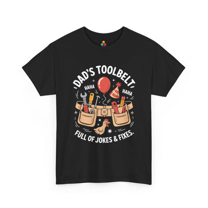 TEEZOCA black “Dad’s Toolbelt Full Of Jokes & Fixes” funny graphic T‑shirt shown flat.