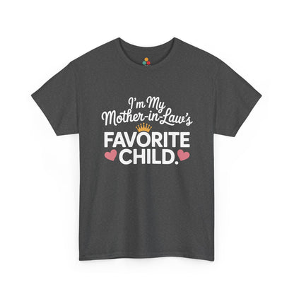 TEEZOCA dark gray “I’m My Mother‑in‑Law’s Favorite Child” family humor tee shown flat.