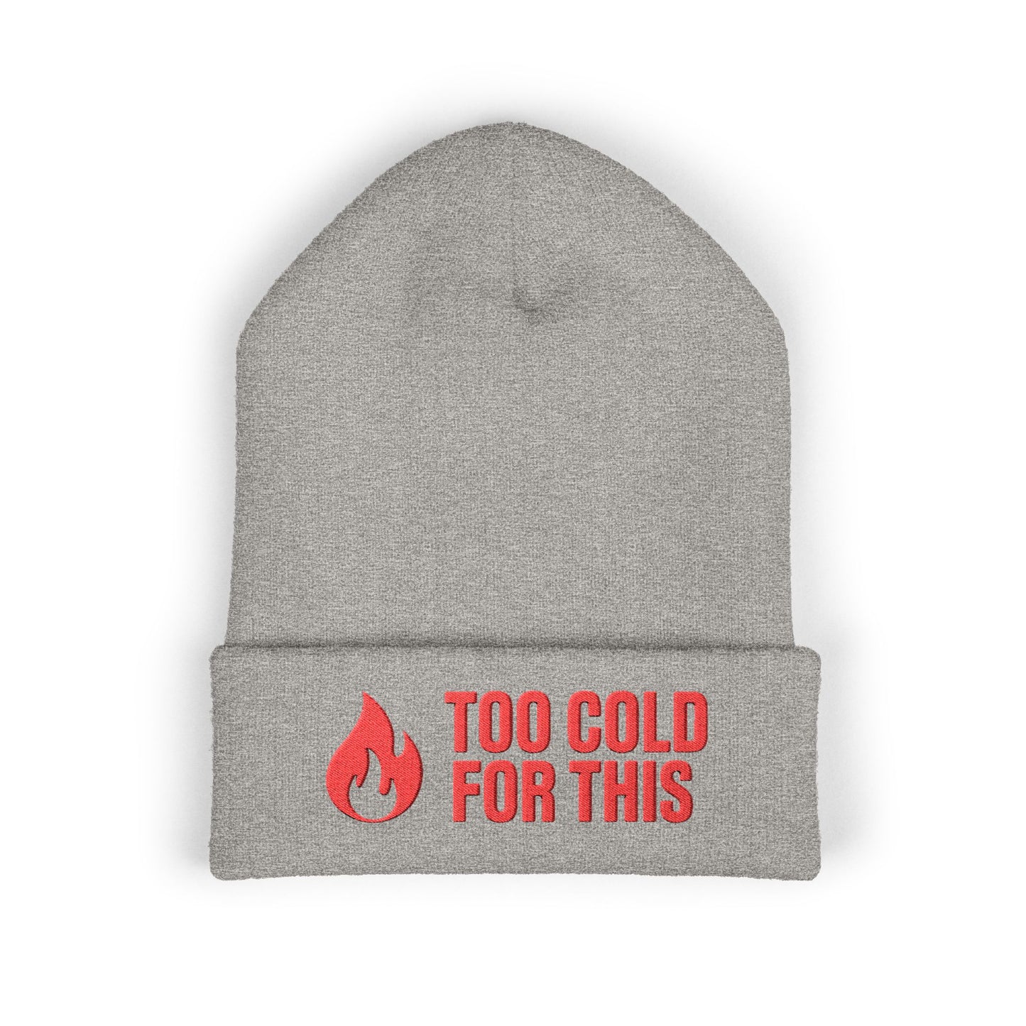 Close-up of flame embroidery and bold text on winter cuffed beanie