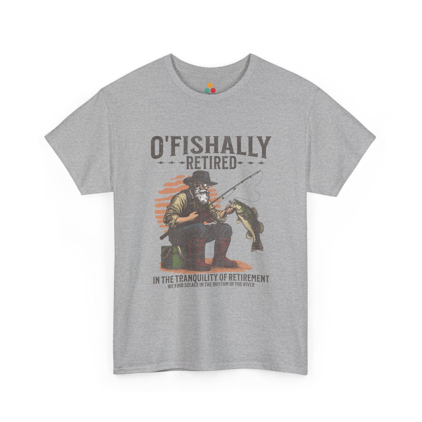 “Teezoca gray O’Fishally Retired shirt, vintage fisherman illustration and bass catch, funny retirement fishing tee, front”

