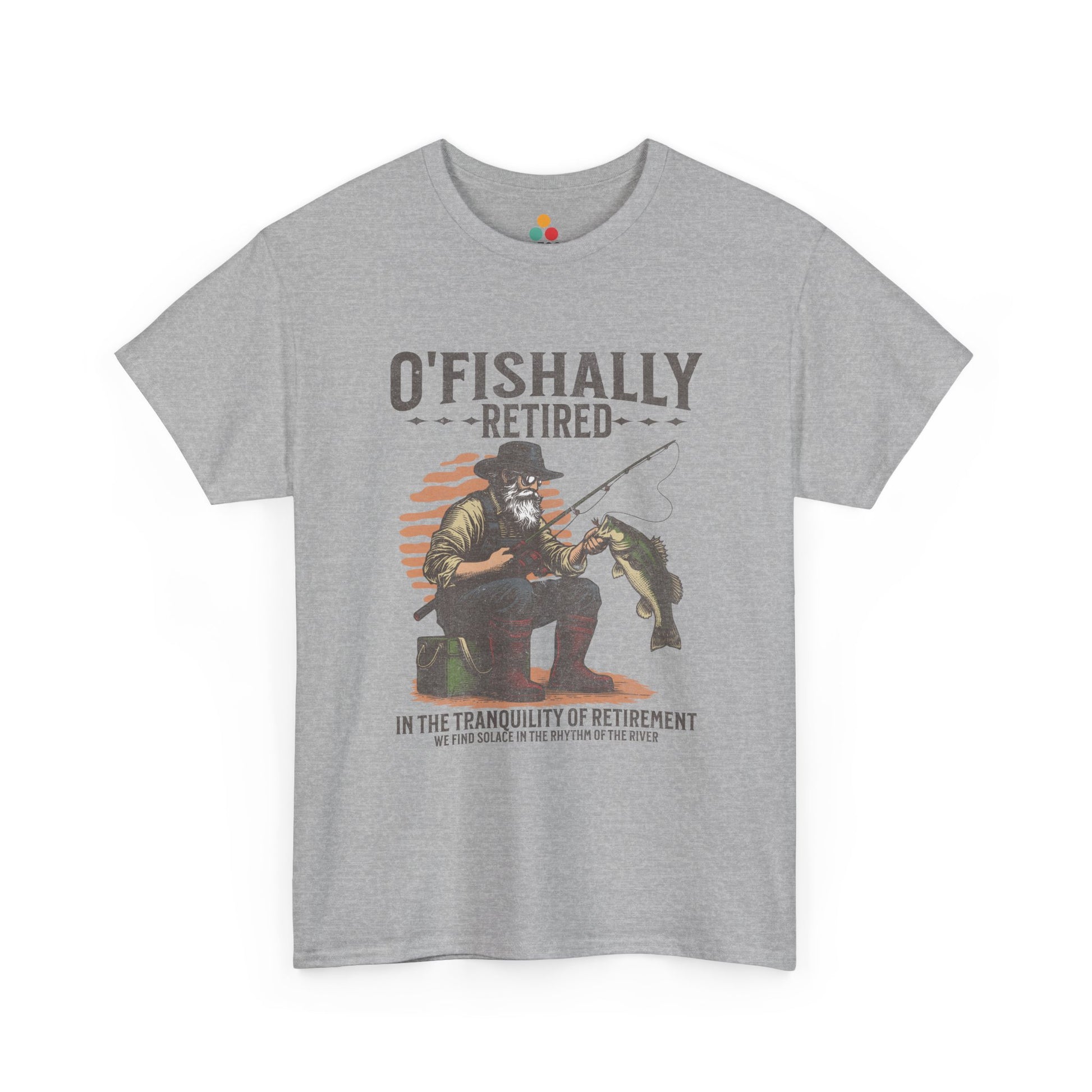 “Teezoca gray O’Fishally Retired shirt, vintage fisherman illustration and bass catch, funny retirement fishing tee, front”

