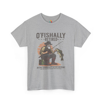 “Teezoca gray O’Fishally Retired shirt, vintage fisherman illustration and bass catch, funny retirement fishing tee, front”


