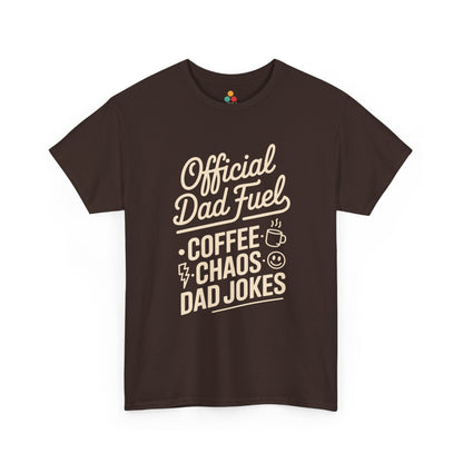 TEEZOCA brown “Official Dad Fuel Coffee Chaos Dad Jokes” funny father T‑shirt shown flat.