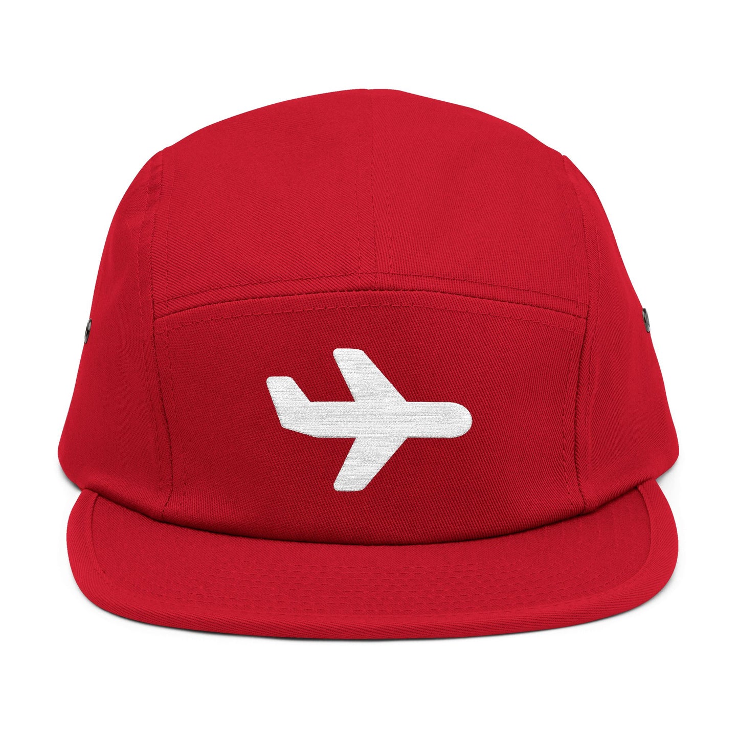 Red cap with a white airplane emblem on a white background. Minimal white airplane icon embroidered on black 5-panel cap. TEEZOCA