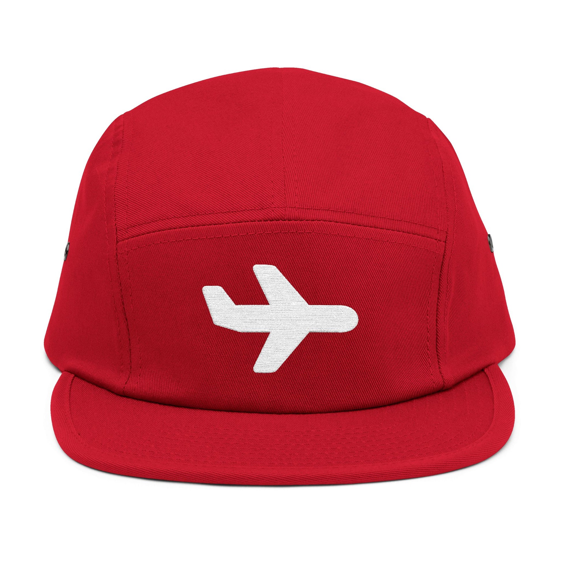 Red cap with a white airplane emblem on a white background. Minimal white airplane icon embroidered on black 5-panel cap. TEEZOCA