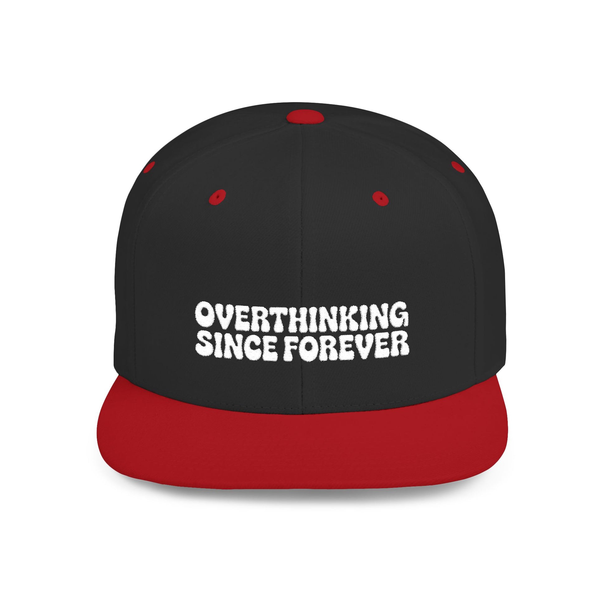 Black and red cap with 'OVERTHINKING SINCE FOREVER' text on a white background