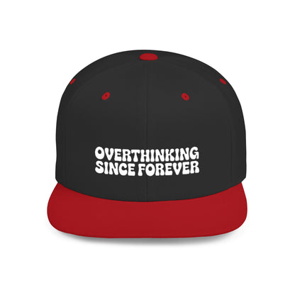 Black and red cap with 'OVERTHINKING SINCE FOREVER' text on a white background