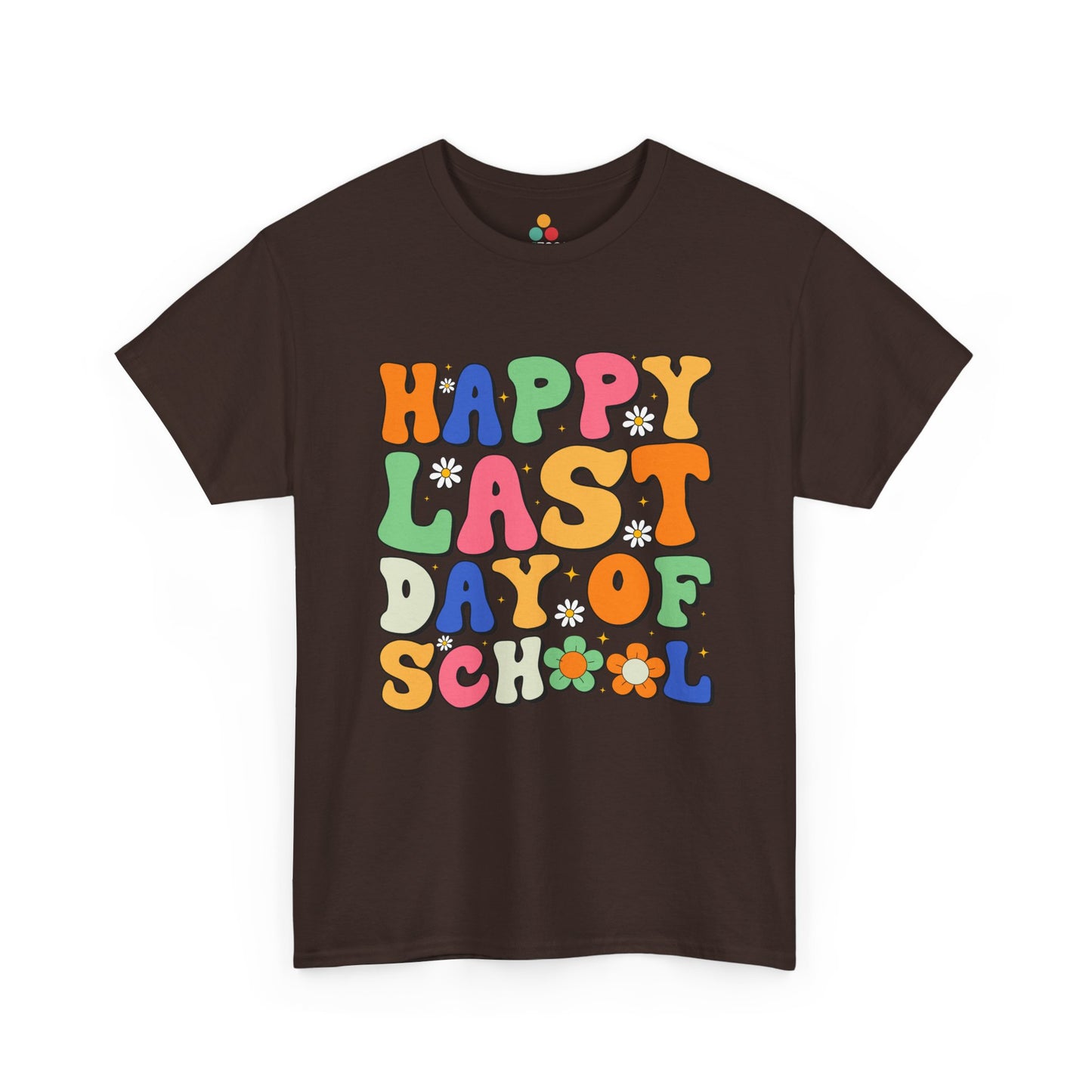 “Teezoca Happy Last Day of School shirt, end of year school graphic, dark brown tee, front.”

