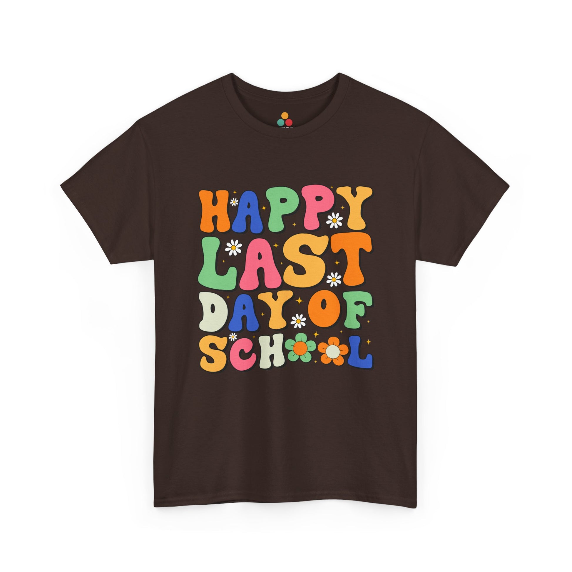 “Teezoca Happy Last Day of School shirt, end of year school graphic, dark brown tee, front.”

