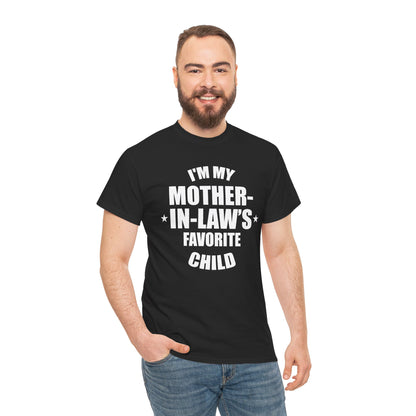 “Man in black jeans and black ‘I’m My Mother‑In‑Law’s Favorite Child’ graphic tee, smiling front pose.”

