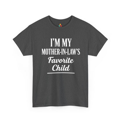 “Teezoca heather gray I’m My Mother‑In‑Law’s Favorite Child t‑shirt, clean text design, front.”

