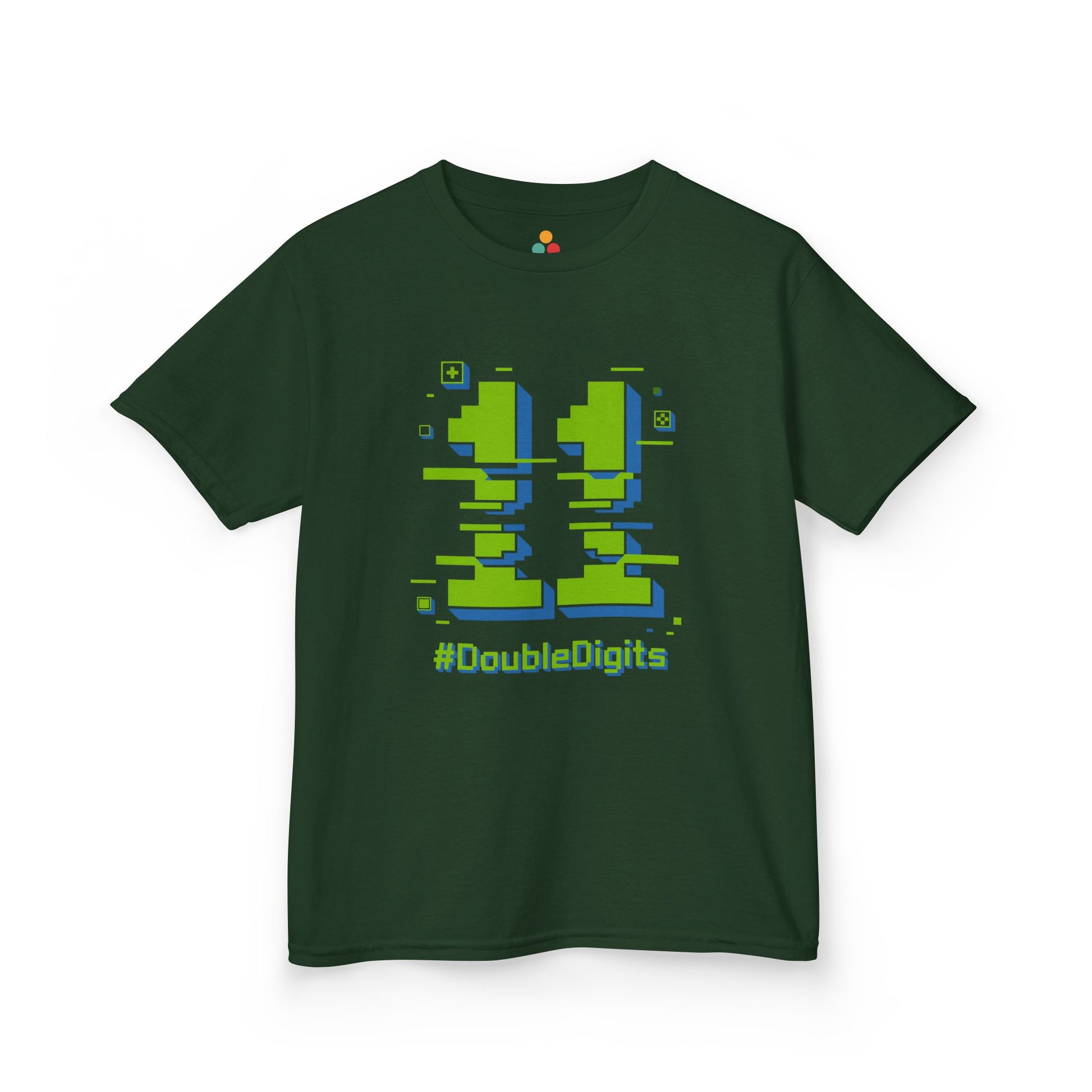 Green kids’ t‑shirt with neon green and blue pixel number 11 and “#DoubleDigits” gamer text, flat front view.