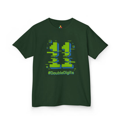Green kids’ t‑shirt with neon green and blue pixel number 11 and “#DoubleDigits” gamer text, flat front view.