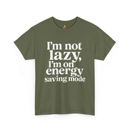 “Teezoca I’m Not Lazy I’m On Energy Saving Mode shirt, funny low energy quote, light army green tee, flat lay.”

