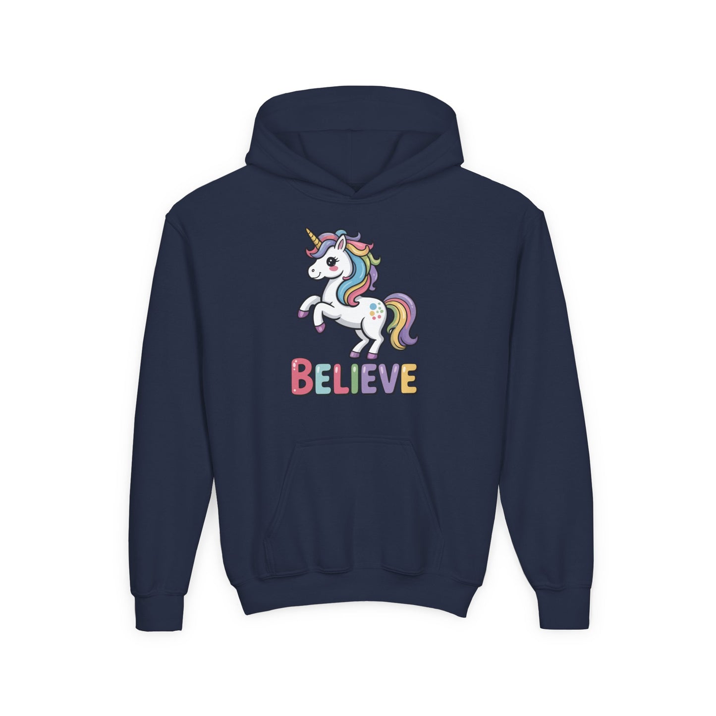 Youth Unicorn "Believe" Hoodie – Cute Rainbow Magic Kids Sweatshirt TEEZOCA