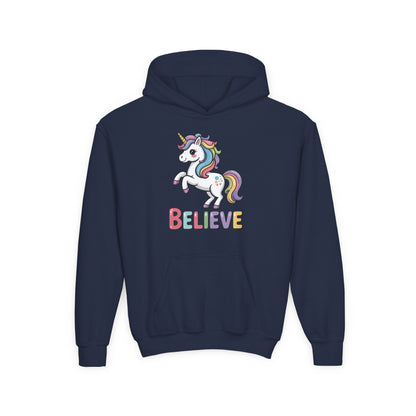 Youth Unicorn "Believe" Hoodie – Cute Rainbow Magic Kids Sweatshirt TEEZOCA