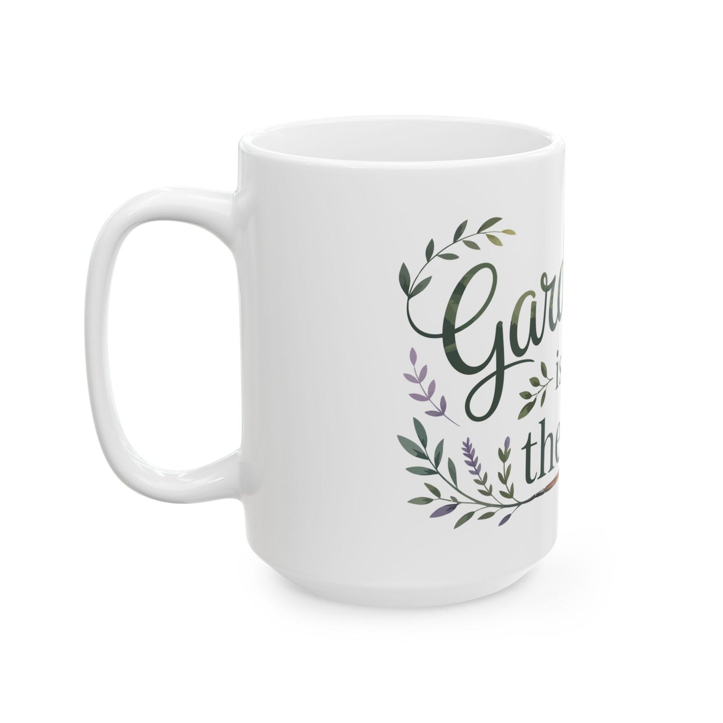 TEEZOCA ceramic mug displaying Gardening Is My Therapy with flowers and garden tool