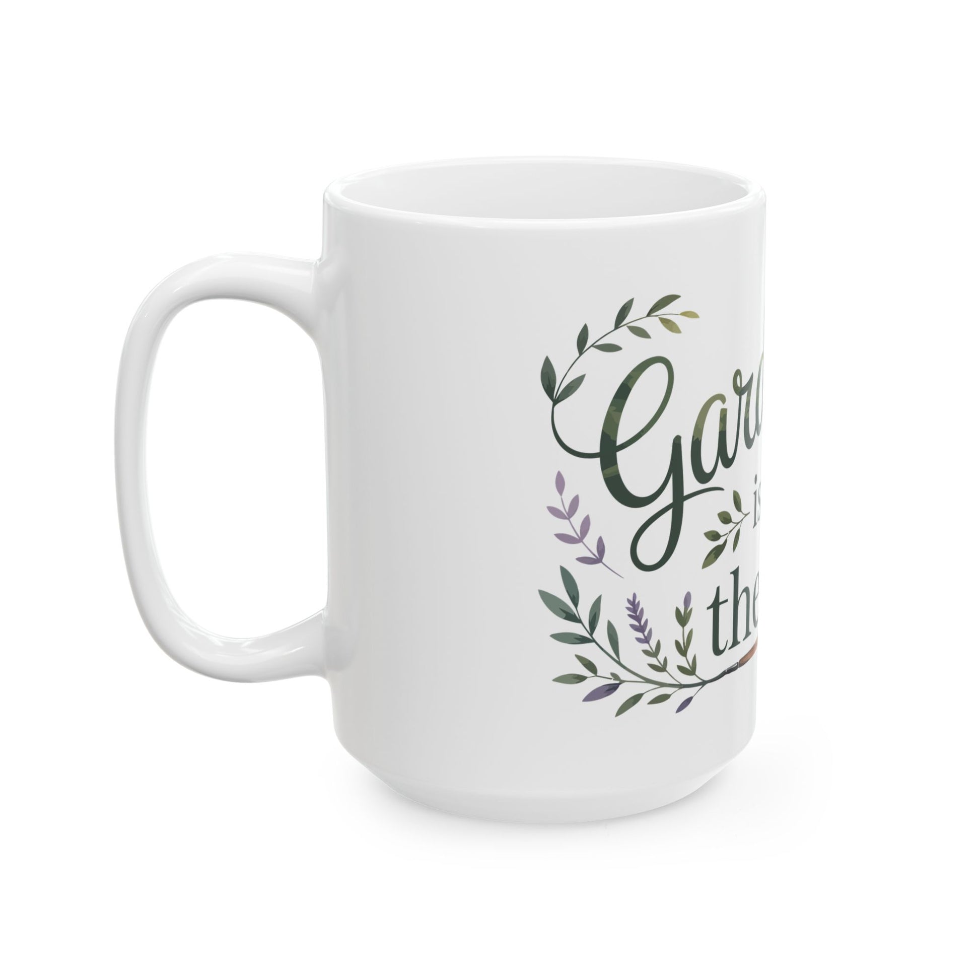 TEEZOCA ceramic mug displaying Gardening Is My Therapy with flowers and garden tool