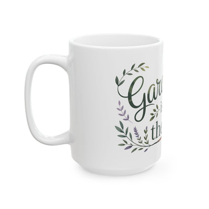 TEEZOCA ceramic mug displaying Gardening Is My Therapy with flowers and garden tool