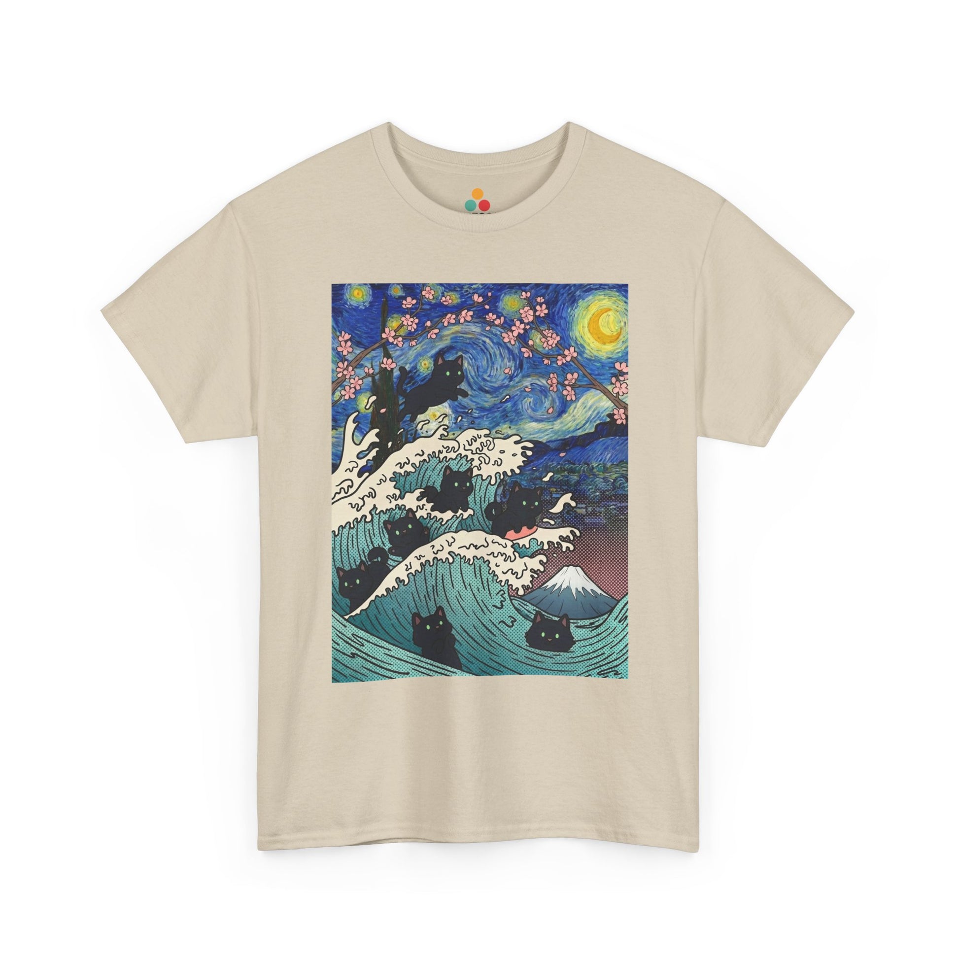 Van Gogh Starry Night Black Cat Wave T-Shirt – Aesthetic Impressionism Inspired Fine Art Tee | TEEZOCA 