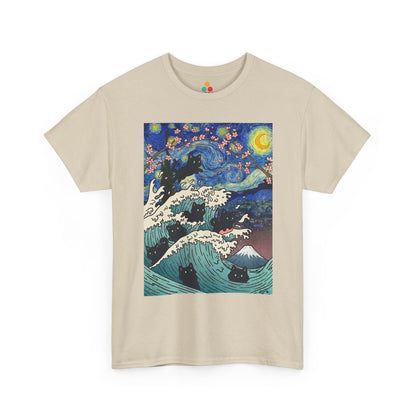Van Gogh Starry Night Black Cat Wave T-Shirt – Aesthetic Impressionism Inspired Fine Art Tee | TEEZOCA 