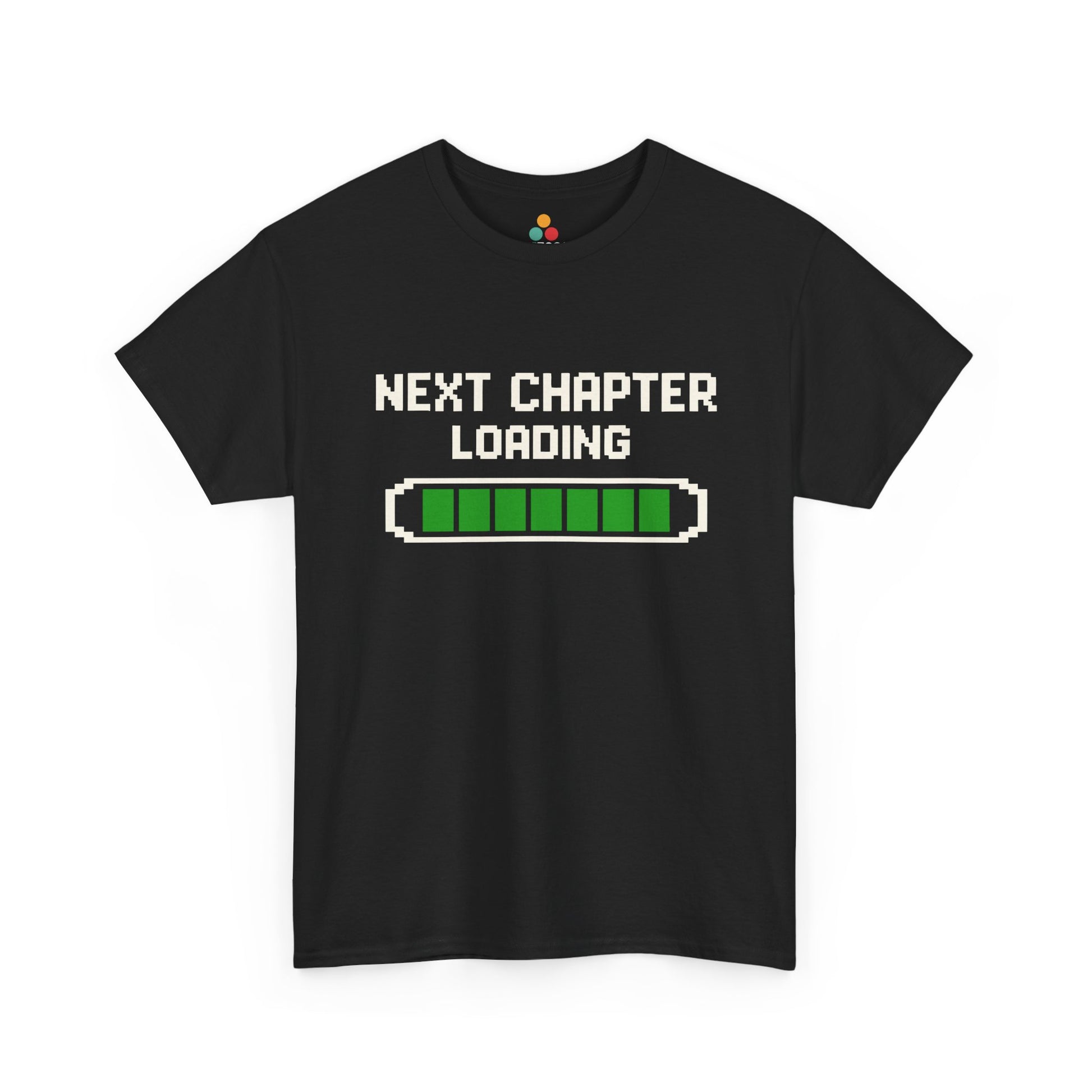 Black TEEZOCA t‑shirt with “NEXT CHAPTER LOADING” and green progress bar graphic shown flat.