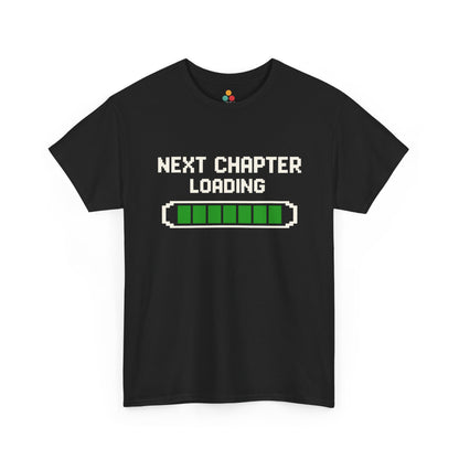 Black TEEZOCA t‑shirt with “NEXT CHAPTER LOADING” and green progress bar graphic shown flat.