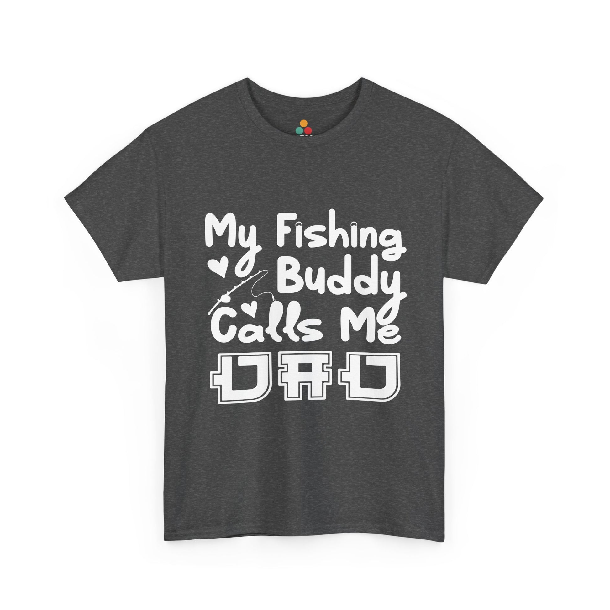 “My Fishing Buddy Calls Me Dad charcoal gray t‑shirt mockup, high‑contrast white fishing quote graphic, flat garment on neutral background – Teezoca POD mockup asset.”