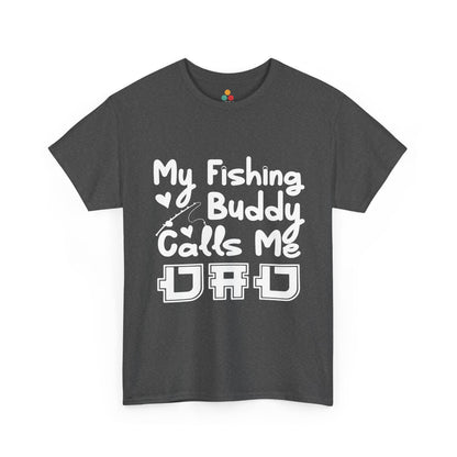 “My Fishing Buddy Calls Me Dad charcoal gray t‑shirt mockup, high‑contrast white fishing quote graphic, flat garment on neutral background – Teezoca POD mockup asset.”