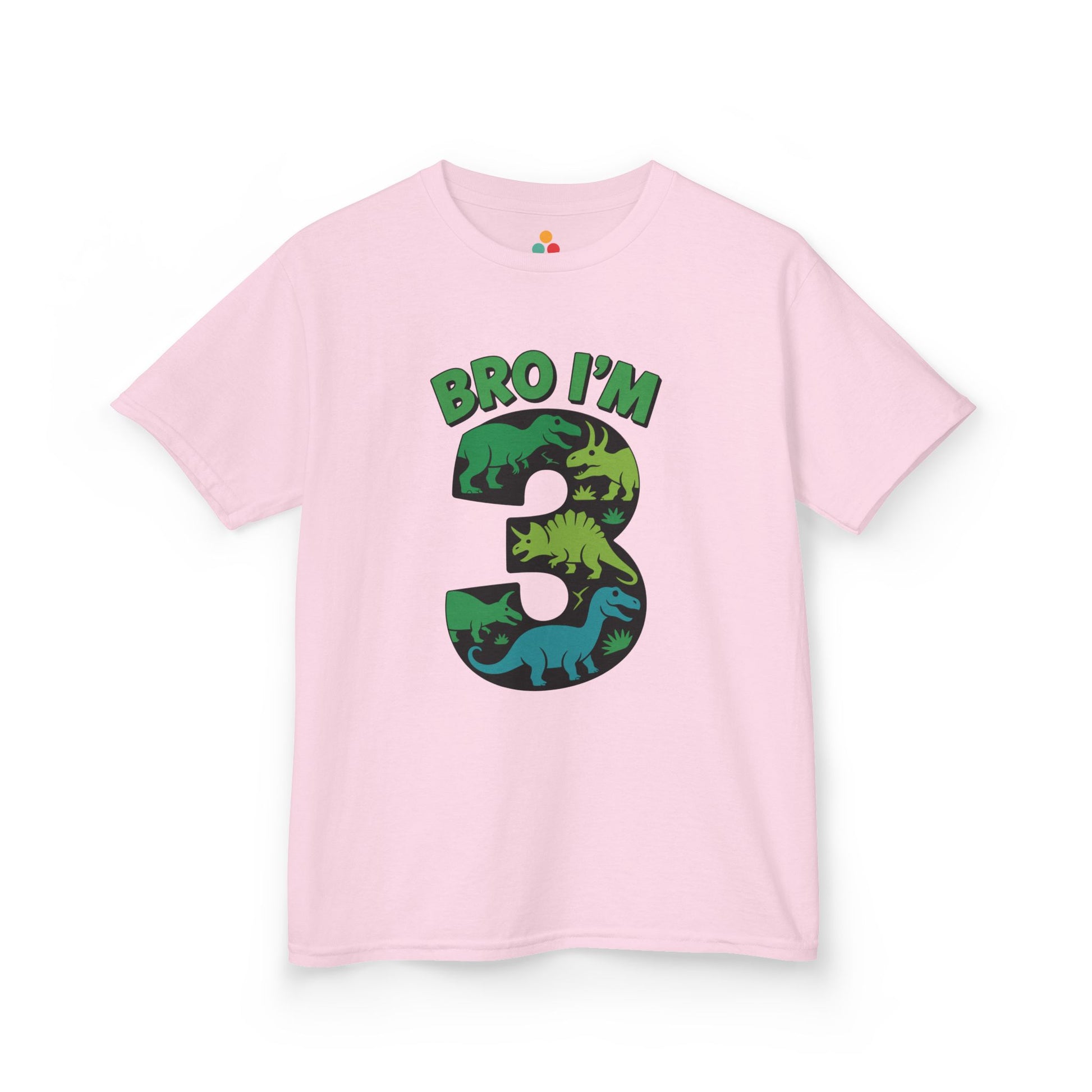 "pink 'Bro I'm 3' kids shirts with vibrant dinosaur pattern 3, flat front view."

