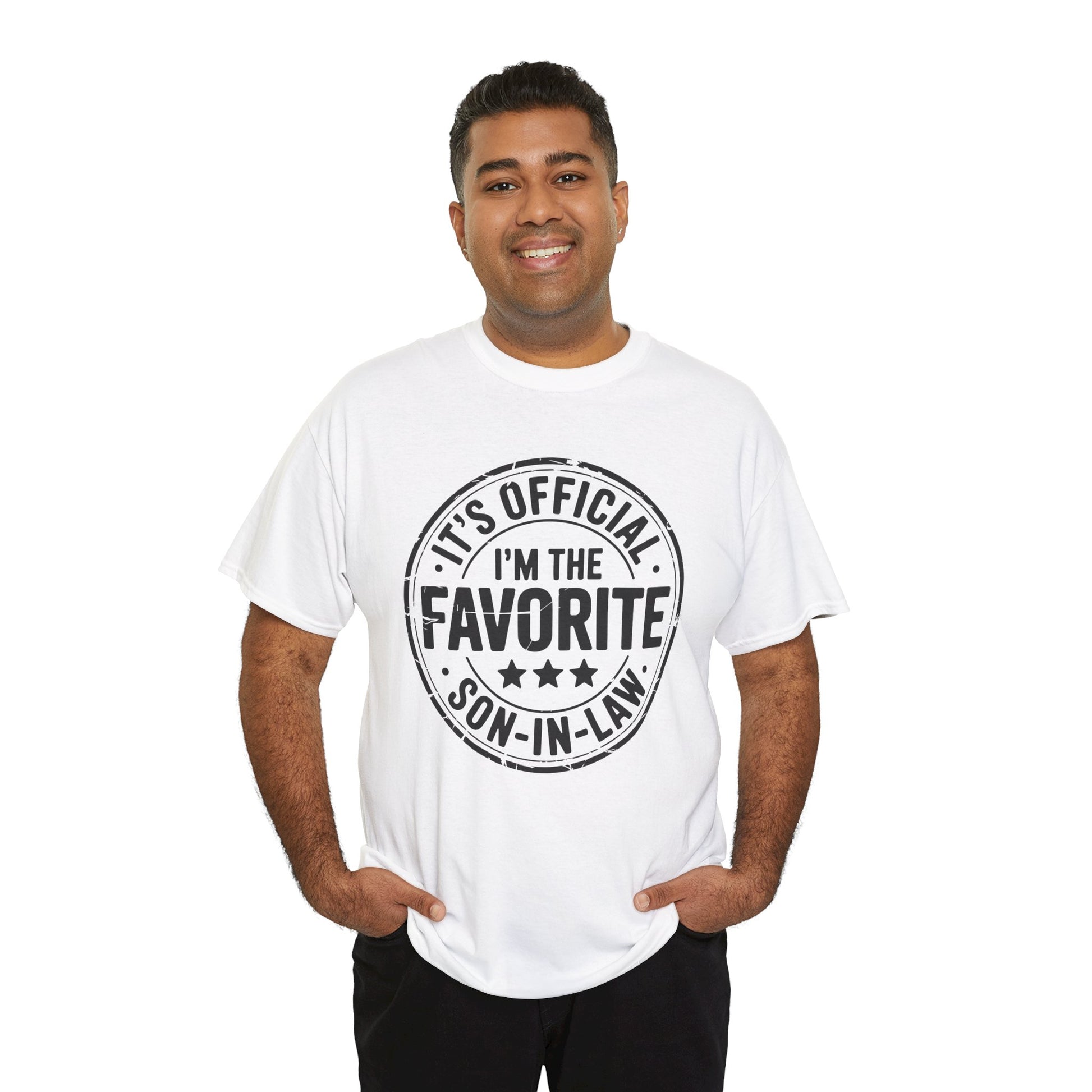 Man wearing a TEEZOCA “It’s Official I’m The Favorite Son‑in‑Law” funny in‑law tee.