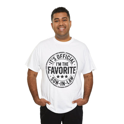 Man wearing a TEEZOCA “It’s Official I’m The Favorite Son‑in‑Law” funny in‑law tee.