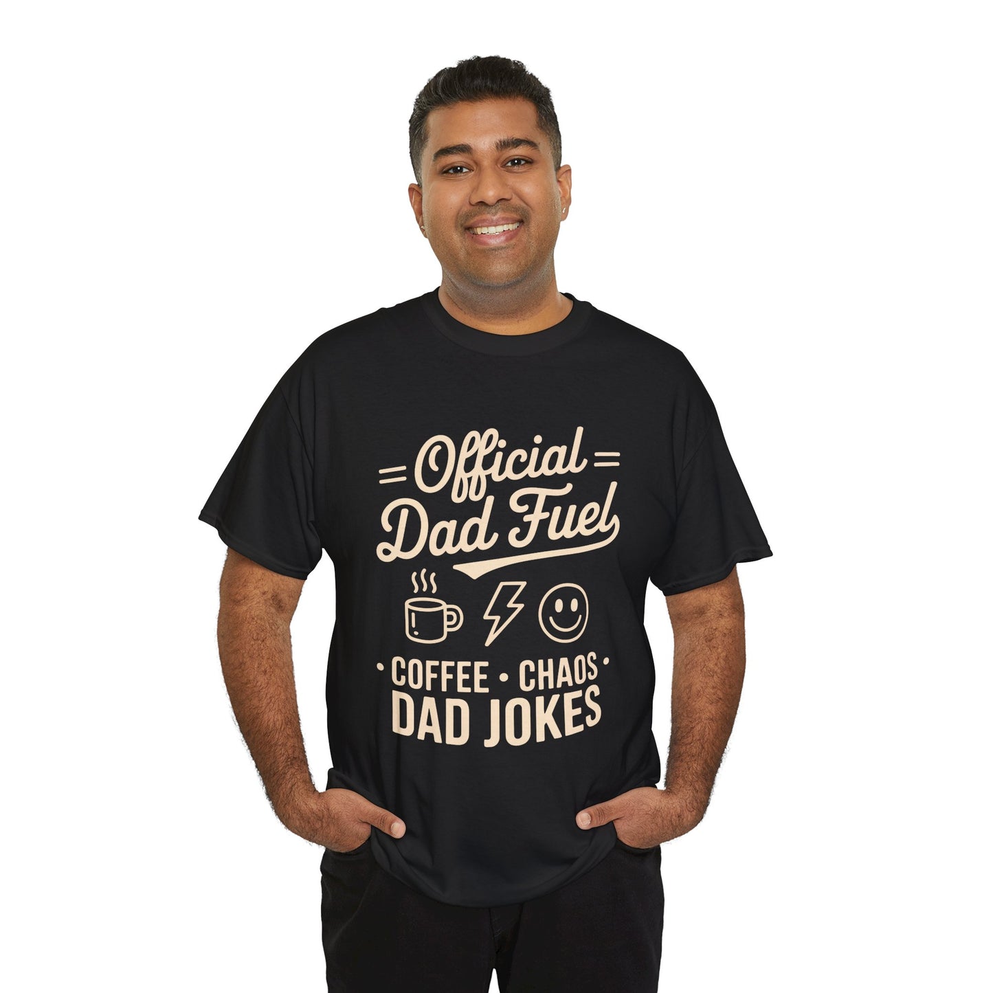 Smiling man wearing a black TEEZOCA “Official Dad Fuel Coffee Chaos Dad Jokes” graphic T‑shirt.