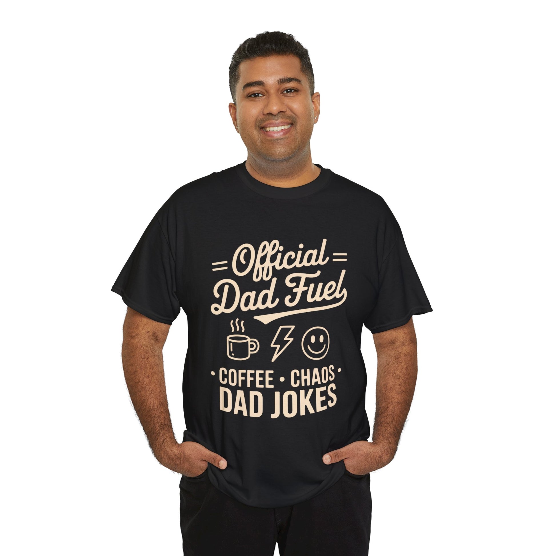 Smiling man wearing a black TEEZOCA “Official Dad Fuel Coffee Chaos Dad Jokes” graphic T‑shirt.