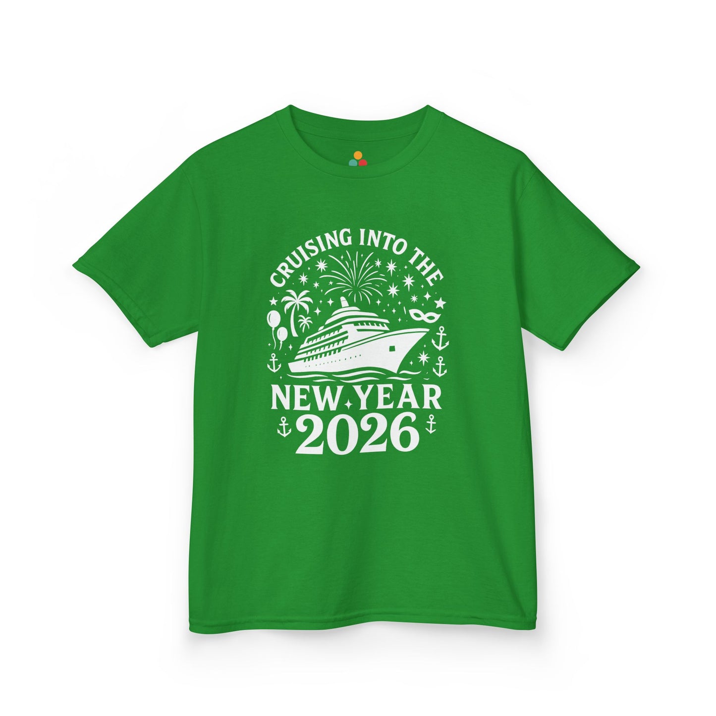 Green t-shirt with white graphic and text 'Cruising into the New Year 2026' on a white background